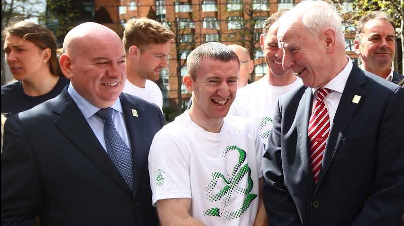 Ireland's Olympic flag bearer Paddy Barnes with Olympic Council of Ireland President Pat Hickey (right)