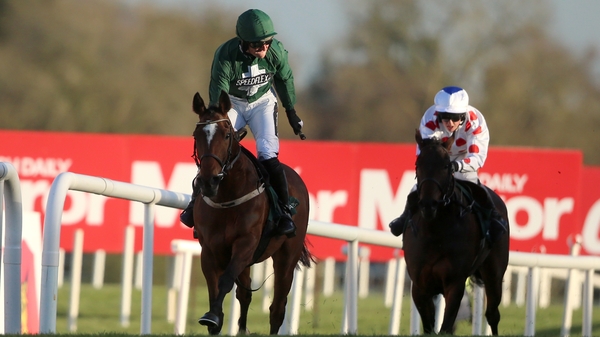 Augusta Kate ridden by Patrick Mullins celebrates winning the Weatherbys Ireland E.B.F. Mares Flat Race