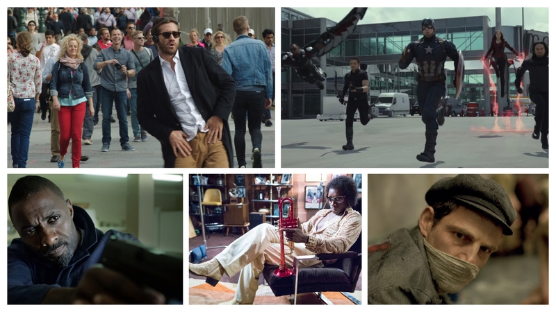 Clockwise from top left: Demolition, Captain America: Civil War, Son of Saul, Miles Ahead, Bastille Day
