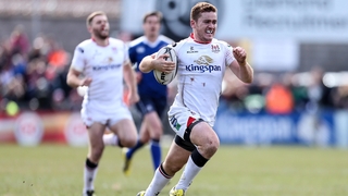 Paddy Jackson sprints clear to score an intercept try against Leinster