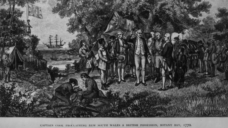 Captain James Cook proclaims New South Wales a British possession, with the Endeavour seen in the background