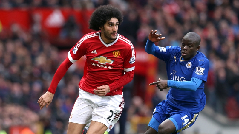 Marouane Fellaini in action against Leicester City's N'Golo Kanté