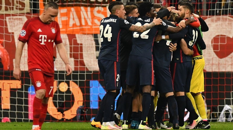 Atletico Madrid players celebrate qualifying for the Champions League final