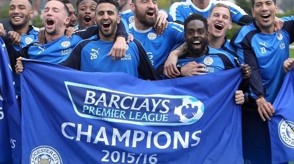 Leicester City players celebrate winning the league. Pic: @LCFC