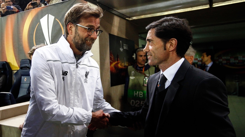 Villarreal's Marcelino shakes hands with Liverpool boss Jurgen Klopp before their sides' Europa League semi-final first leg