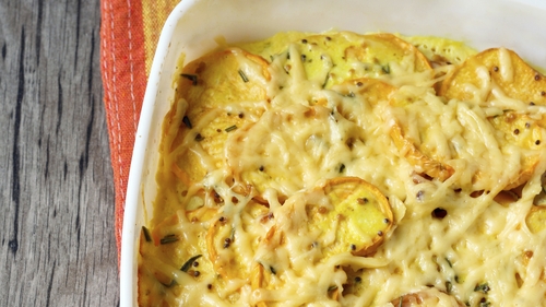 Gratin of Swede Turnips, Potatoes, Bacon and Parmesan.