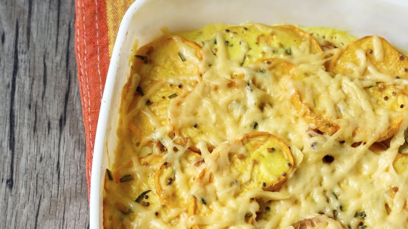 Gratin of Swede Turnips, Potatoes, Bacon and Parmesan.