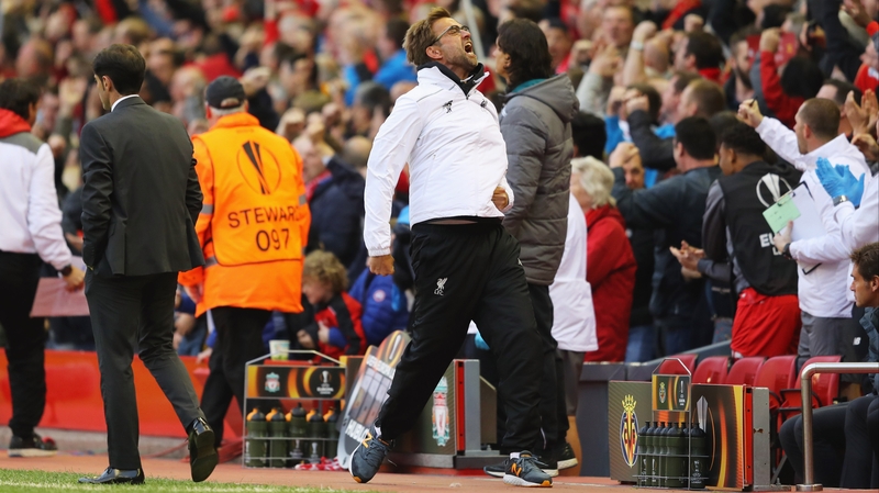 Jurgen Klopp celebrates Liverpool's first goal against Villarreal at Anfield