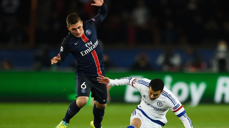 Marco Verratti (l) in action for Paris Saint Germain