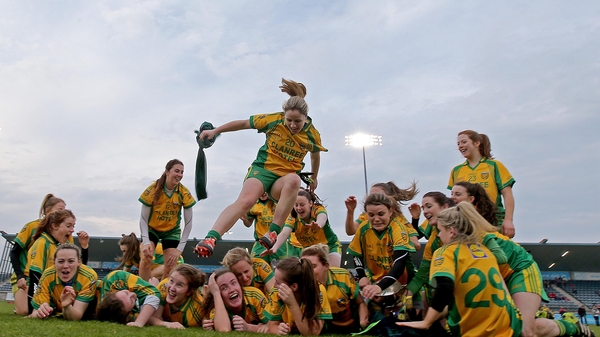 Donegal celebrate their triumph at Parnell Park