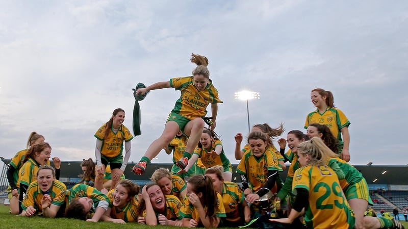 Donegal celebrate their triumph at Parnell Park