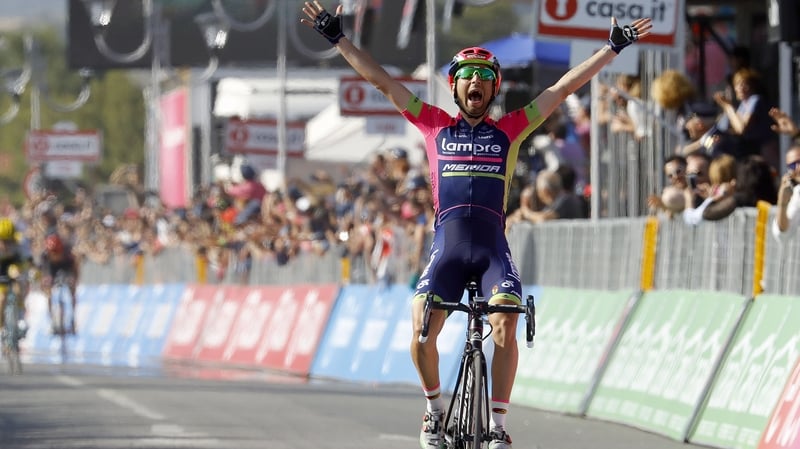 Diego Ulissi of Lampre - Merida celebrates as he crosses the finish line