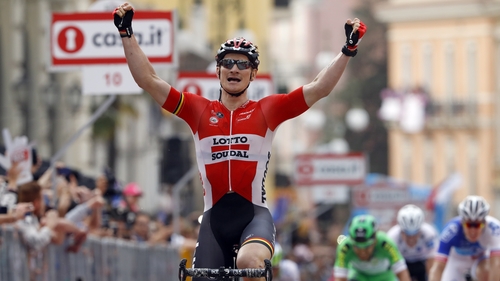 Griepel raises his hands in celebration at winning Wednesday's fifth stage of the Giro d'Italia