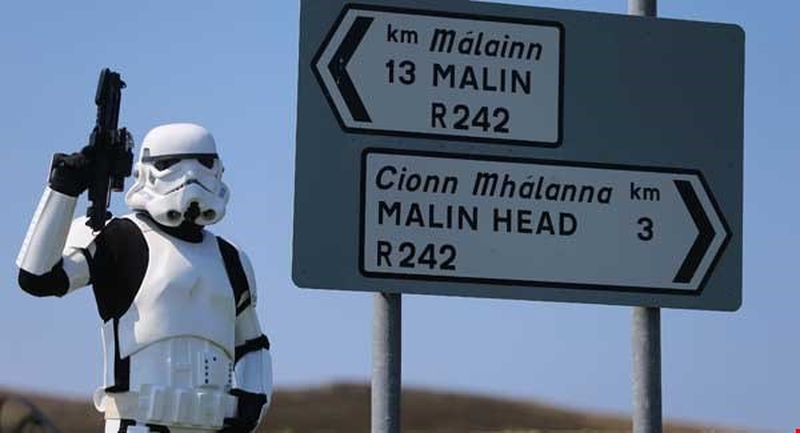 Howya' (bucket) head? A stormtrooper spotted on Malin Head Pic: Niall Carson/PA Wire