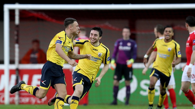 Philip Gannon celebrates his goal for Longford