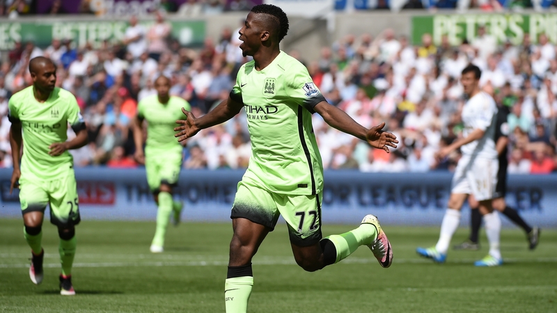 Kelechi Iheanacho celebrates scoring against Swansea City