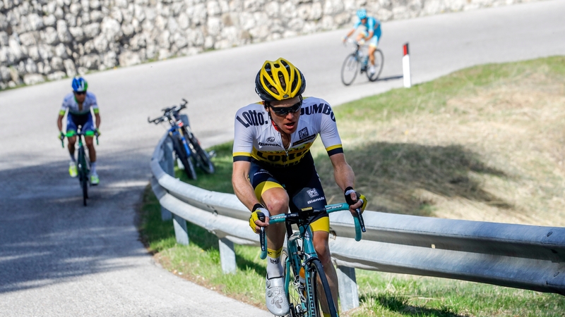 Steven Kruijswijk rides ahead of Colombia's Esteban Chaves and Italian Vincenzo Nibali