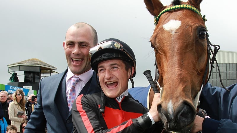 Trainer Adrain Keatley, jockey Shane Foley and Jet Setting after their Guineas triumph