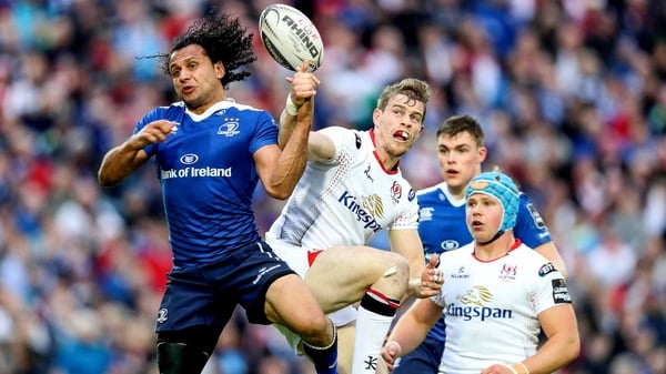 Isa Nacewa jumps for a ball with Ulster's Andrew Trimble during their Pro12 semi-final at the RDS