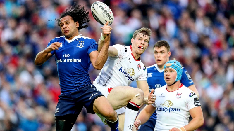 Isa Nacewa jumps for a ball with Ulster's Andrew Trimble during their Pro12 semi-final at the RDS