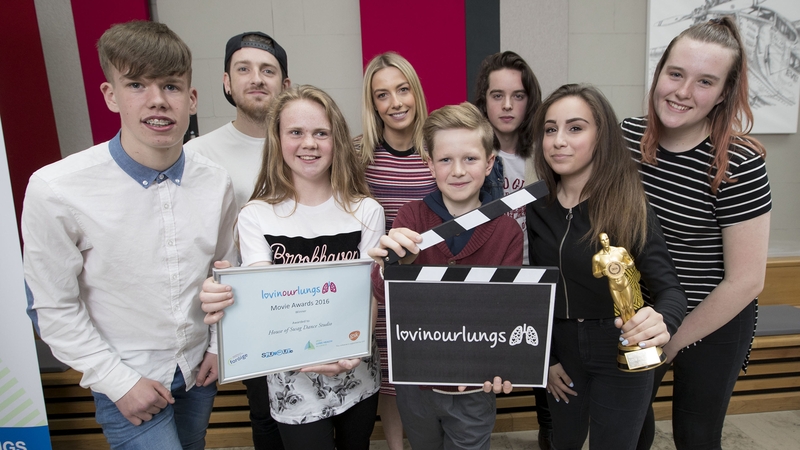 The dance troupe from House of Swag Dance School with RTÉ's Stephen Byrne (Black cap!) and Bláthnaid Treacy (beside him)