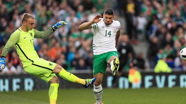 Jasper Cillesen and Jonathan Walters during the international friendly at the Aviva Stadium
