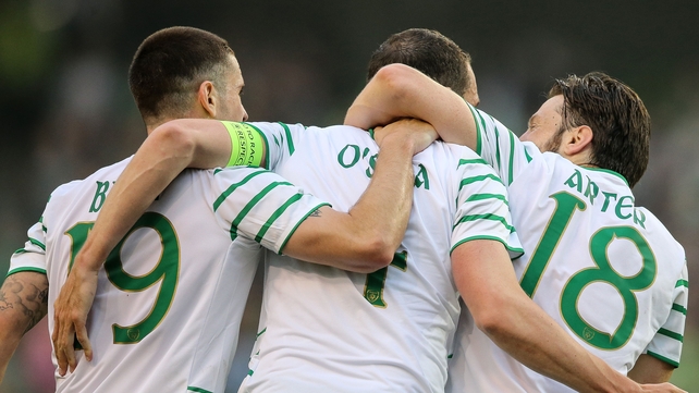 Brady, O'Shea and Arter celebrate Shane Long's goal