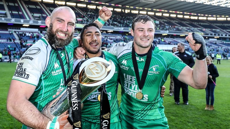 John Muldoon, Bundee Aki and Robbie Henshaw celebrate