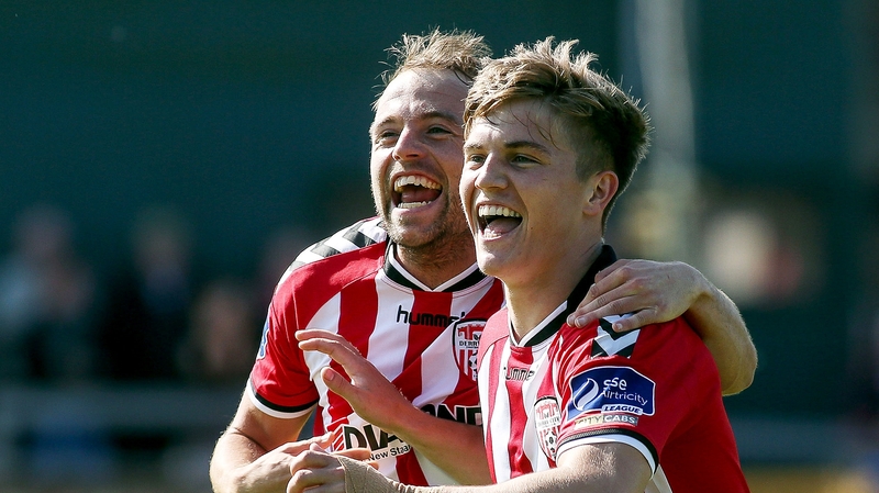 Derry's Joshua Daniels (r) with Keith Ward celebrates his goal at the Brandywell