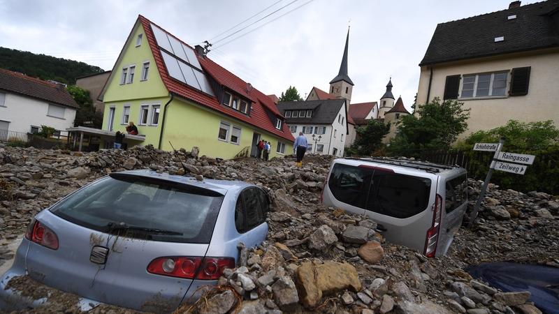 Cars buried in debris in Braunsbach, Germany