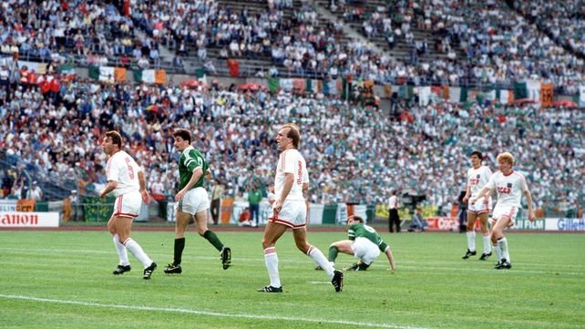 1988 - Ronnie Whelan looks around to see his 'shinned' effort hit the back of the net against the USSR