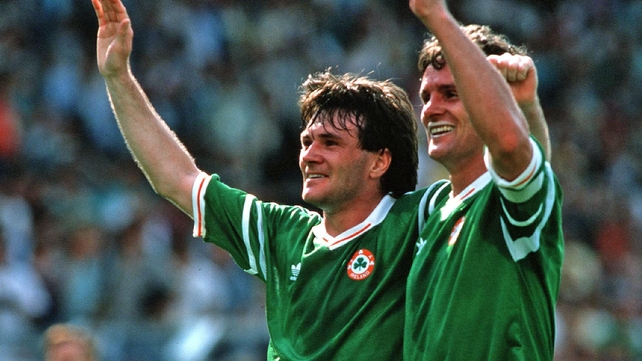 1988 - Ray Houghton and Kevin Moran salute the fans after the win over the English