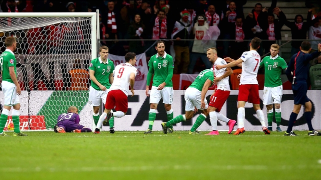 However, Ireland went down 2-1 to the Poles in Warsaw and had to settle for a play-off place after Robert Lewandowski bagged the winner