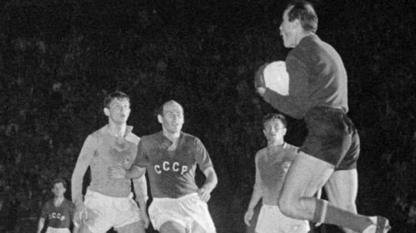1960 - Yugoslav goalkeeper Blagoje Vidinic catches the ball during the first-ever Euro final against the Soviet Union in Paris - the Soviets won 2-1 after extra-time