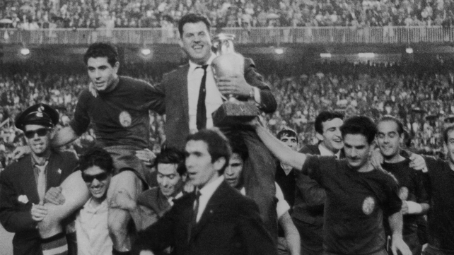 1964 - Spanish manager Jose Villalonga with the winning trophy after his side defeated the Soviet Union 2-1 in the final in Madrid
