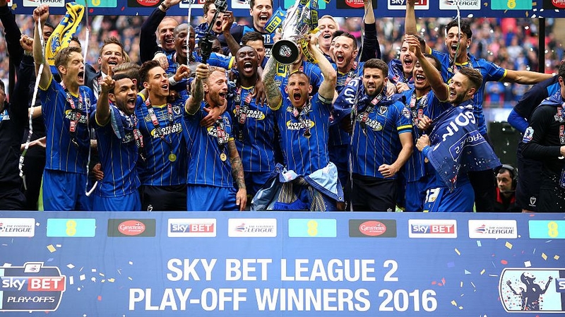 AFC Wimbledon's Barry Fuller celebrates promotion with his team-mates