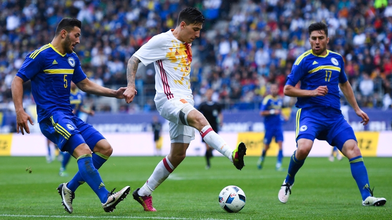 Bellerin in action for Spain on his international debut last Sunday against Bosnia