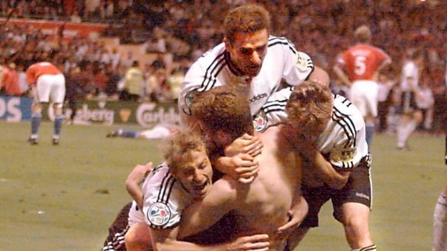 1996 - Oliver Bierhoff is congratulated by his team-mates after scoring the 'golden goal' in the final against the Czech Republic