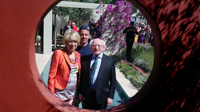 President Michael D Higgins and his wife Sabina take a tour of the Gold Medal winning Santa Rita Living La Vide 120 garden by designer Alan Rudden