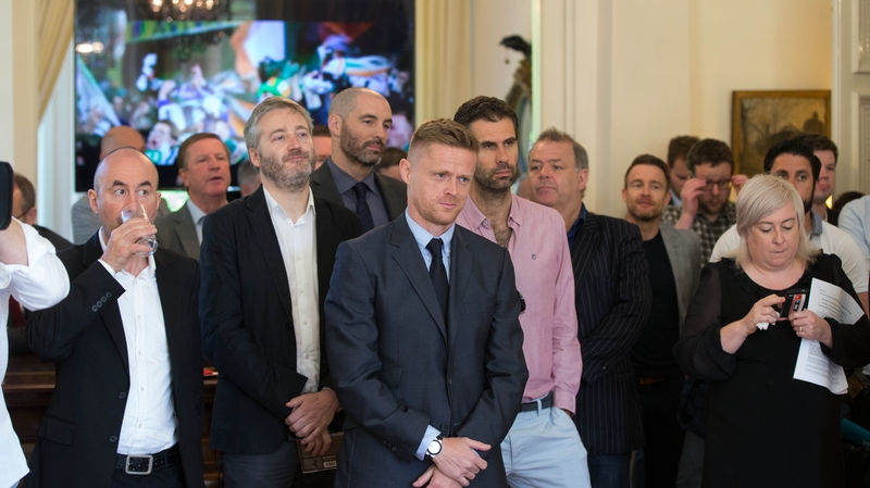 Damien Duff, centre, at the launch of RTÉ's Euro 2016 coverage at the French Ambassador's residence