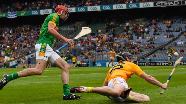 Antrim/s Ciaran Clarke and Sean Geraghty of Meath