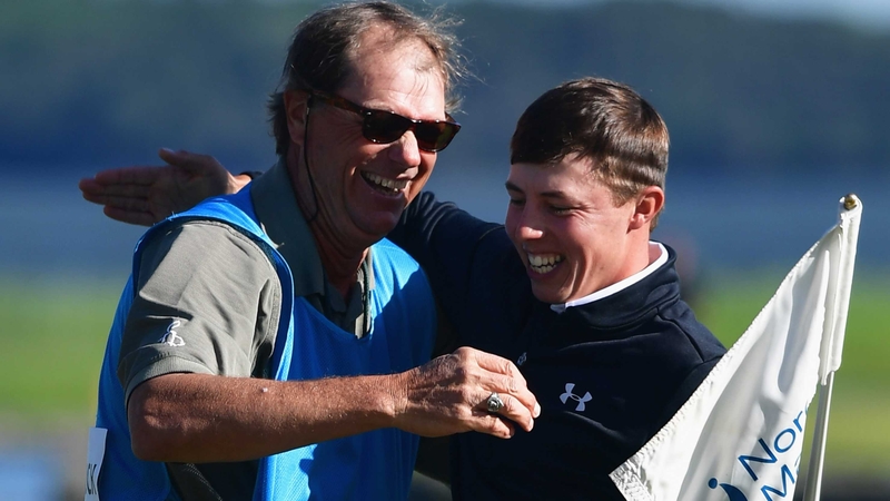Matt Fitzpatrick (R) celebrates victory with his caddie Lorne Duncan