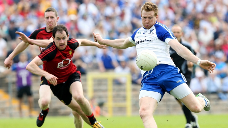 Monaghan goalscorer Kieran Hughes in action against Down
