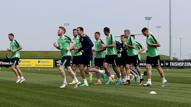 The squad warms up for the session ahead of their departure to their Euro 2016 training base in Versailles