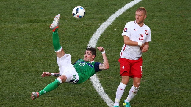 Kyle Lafferty acrobatically tried to get Northern Ireland back in the game