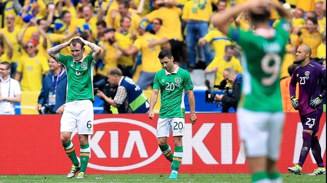 Ireland players react to conceding a goal on their way to a one-all draw with Sweden