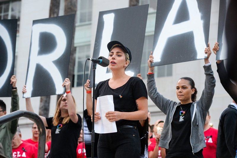 Lady GaGa addressing the crowds at a rally in Los Angeles