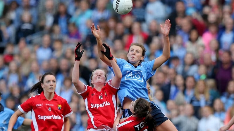 Cork's Marie Ambrose and Roisin Phelan battle for possession during last September's All-Ireland Ladies SFC final
