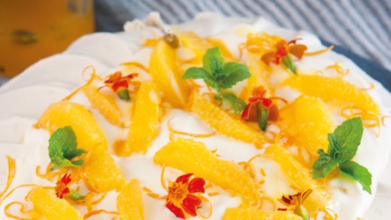 Coffee Meringue with Cardamom Orange segments & orange syrup