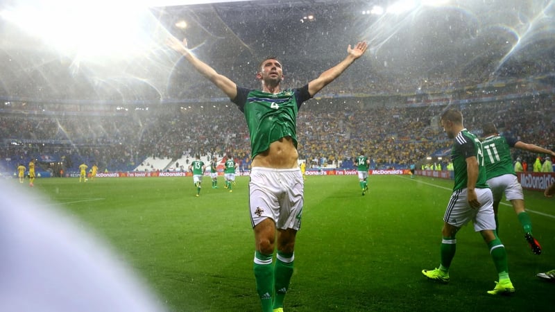 Gareth McAuley celebrates scoring Northern Ireand's first ever goal at the European Championships